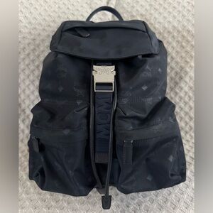 MCM Dieter Two Pocket Monogram Visetos Nylon Leather Backpack Rucksack Navy Blue